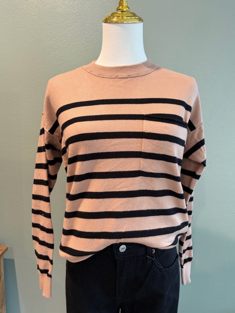 BE COOL Blush and Black Striped Crewneck Sweater